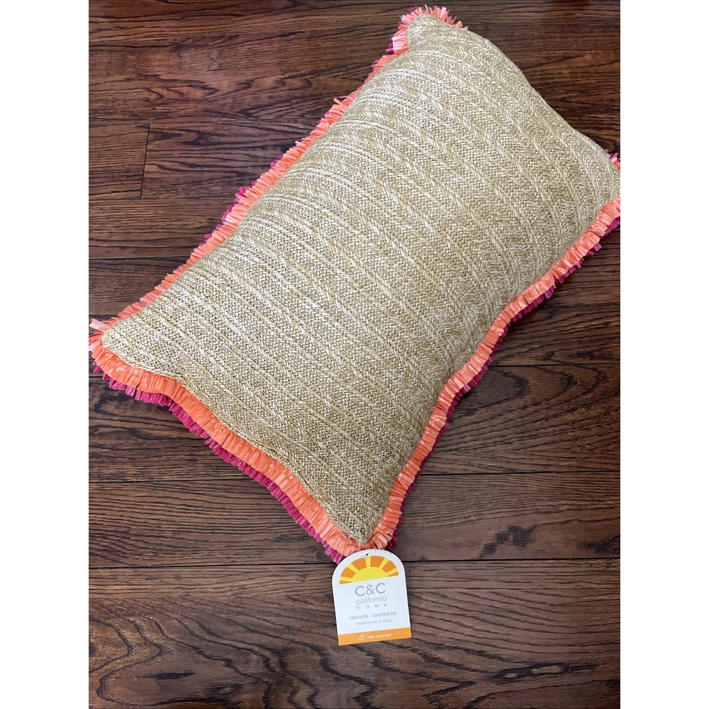 C&C California Straw Like Pillow Pink Orange Trim 23x14 Indoor Outdoor Boho
